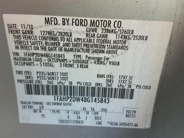 1FAHP2DW4BG145843 - 2011 FORD TAURUS SE SILVER photo 10