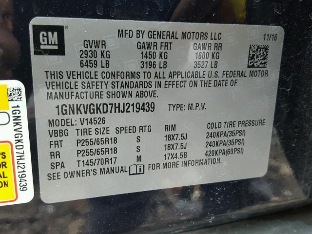 1GNKVGKD7HJ219439 - 2017 CHEVROLET TRAVERSE L BLUE photo 10