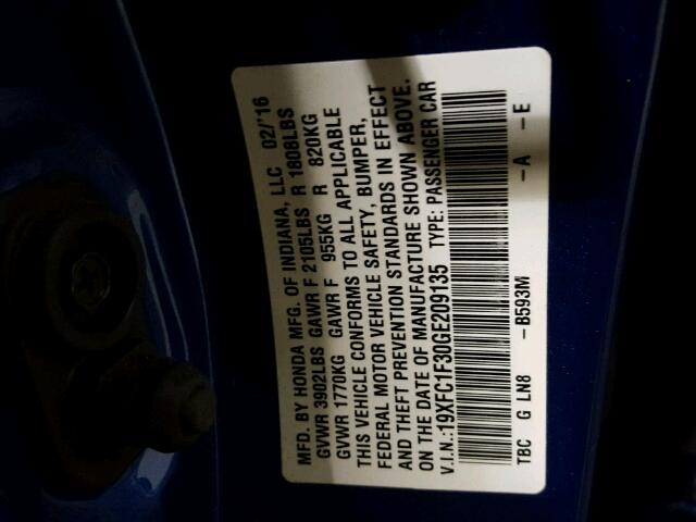 19XFC1F30GE209135 - 2016 HONDA CIVIC EX Mavi foto 10