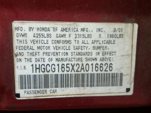 1HGCG165X2A016626 - 2002 HONDA ACCORD EX RED photo 10