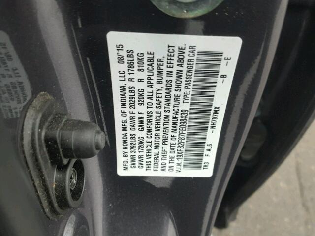 19XFB2F87FE098439 - 2015 HONDA CIVIC EX ნაცრისფერი ფოტო 10