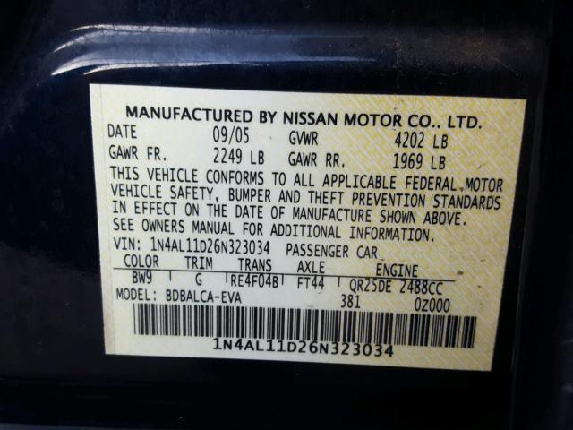 1N4AL11D26N323034 - 2006 NISSAN ALTIMA S BLUE photo 10