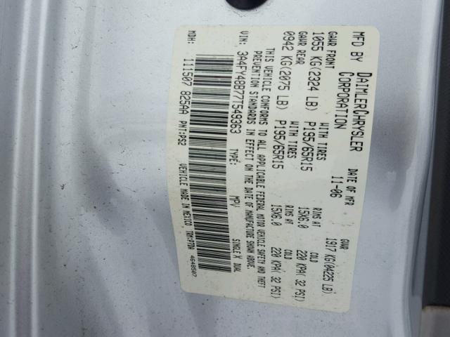 3A4FY48B77T549363 - 2007 CHRYSLER PT CRUISER SILVER photo 10