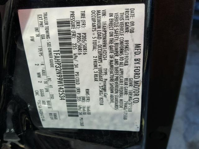 1FAHP32N99W142534 - 2009 FORD FOCUS SE BLACK photo 10