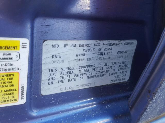 KL1TD66E59B327896 - 2009 CHEVROLET AVEO LS BLUE photo 10