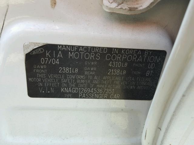 KNAGD126945367351 - 2004 KIA OPTIMA LX WHITE photo 10