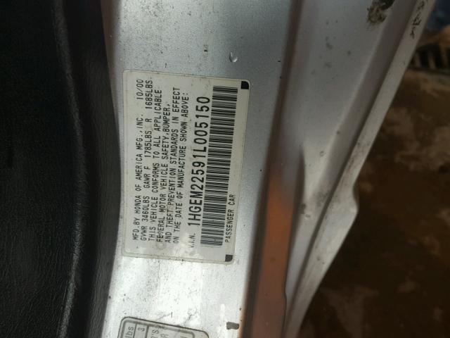 1HGEM22591L005150 - 2001 HONDA CIVIC LX SILVER photo 10