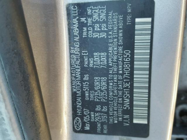 5NMSH13E17H081650 - 2007 HYUNDAI SANTA FE S GRAY photo 10