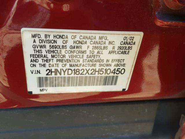 2HNYD182X2H510450 - 2002 ACURA MDX RED photo 10