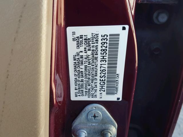 2HGES26713H582935 - 2003 HONDA CIVIC EX MAROON photo 10