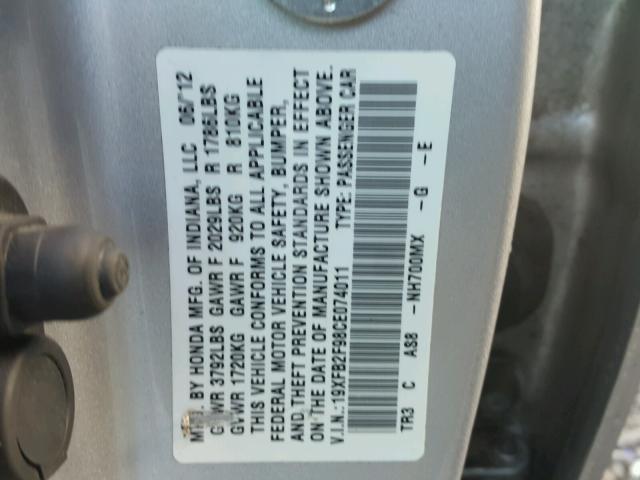 19XFB2F98CE074011 - 2012 HONDA CIVIC EXL SILVER photo 10