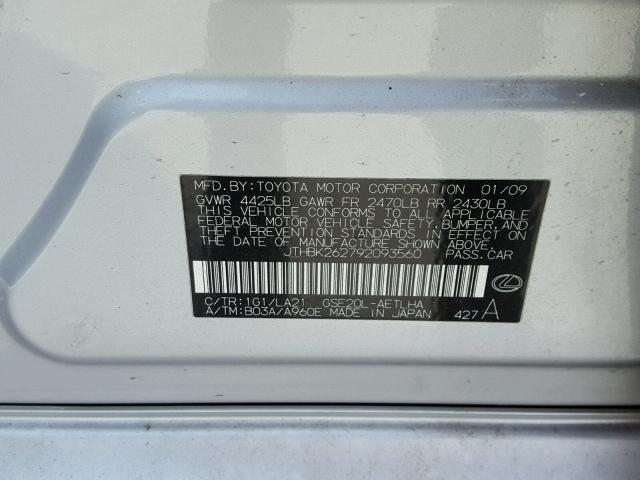 JTHBK262792093560 - 2009 LEXUS IS 250 SILVER photo 10