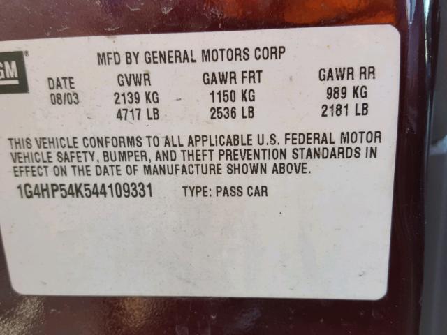 1G4HP54K544109331 - 2004 BUICK LESABRE CU BURGUNDY photo 10