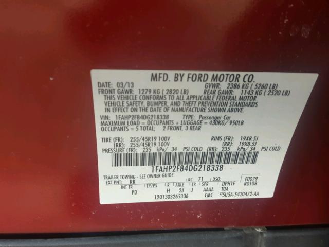 1FAHP2F84DG218338 - 2013 FORD TAURUS LIM RED photo 10