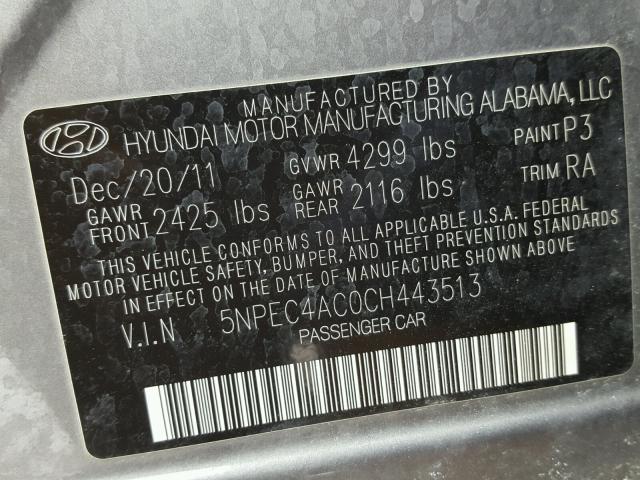 5NPEC4AC0CH443513 - 2012 HYUNDAI SONATA SE GRAY photo 10