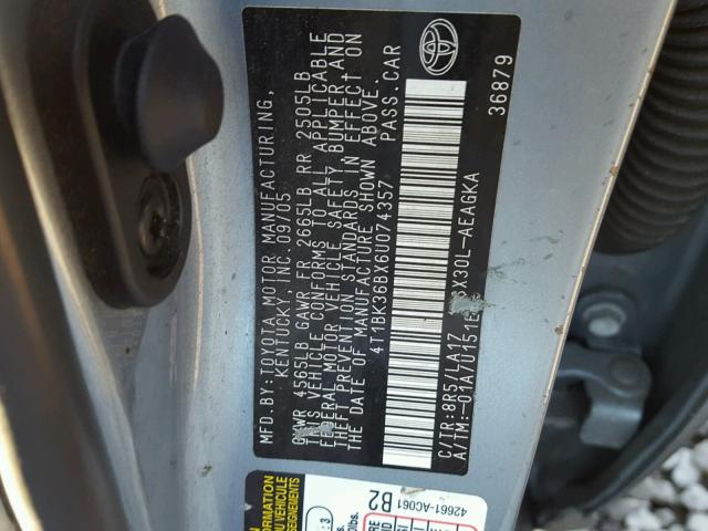 4T1BK36BX6U074357 - 2006 TOYOTA AVALON XL GRAY photo 10