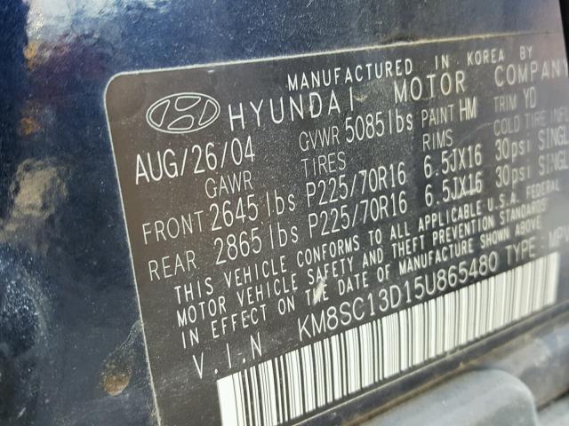 KM8SC13D15U865480 - 2005 HYUNDAI SANTA FE G BLUE photo 10