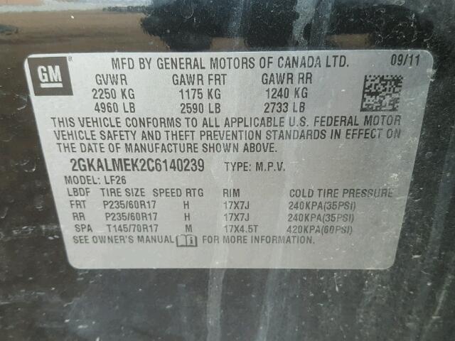 2GKALMEK2C6140239 - 2012 GMC TERRAIN SL BLACK photo 10