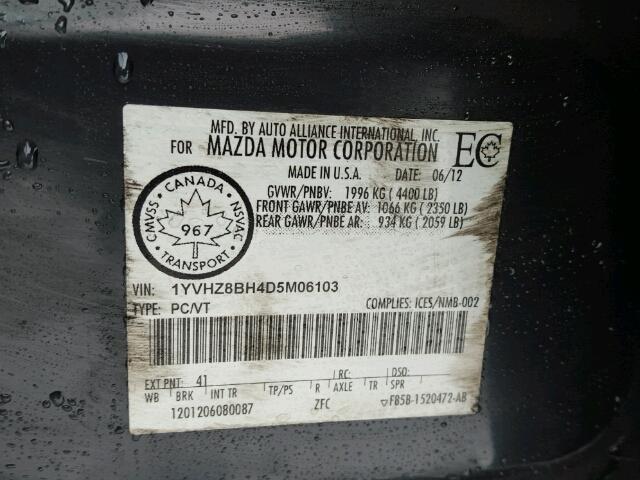 1YVHZ8BH4D5M06103 - 2013 MAZDA 6 SPORT GRAY photo 10