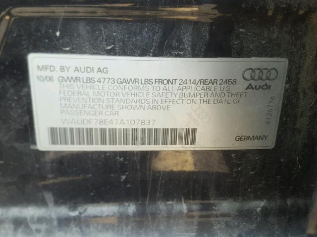 WAUDF78E47A107837 - 2007 AUDI A4 2.0T QU BLACK photo 10