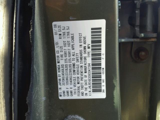 JHLRE48308C047394 - 2008 HONDA CR-V LX GREEN photo 10