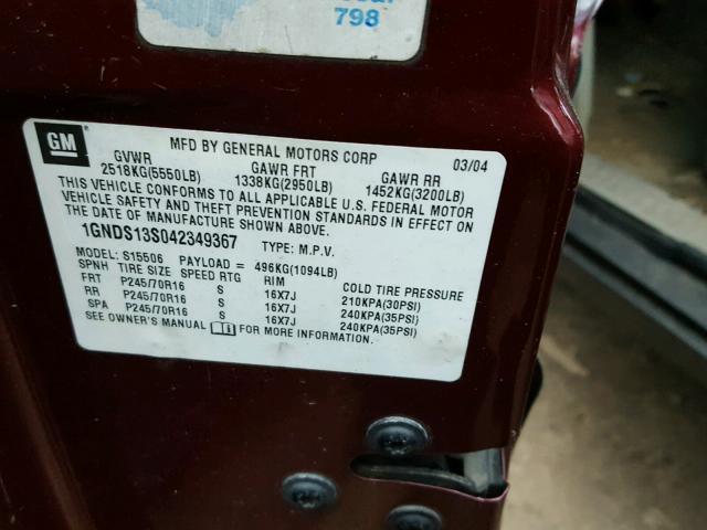 1GNDS13S042349367 - 2004 CHEVROLET TRAILBLAZE MAROON photo 10