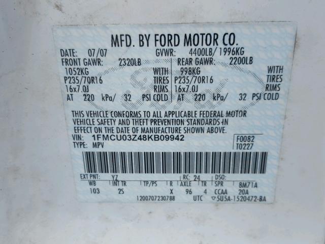 1FMCU03Z48KB09942 - 2008 FORD ESCAPE XLT WHITE photo 10