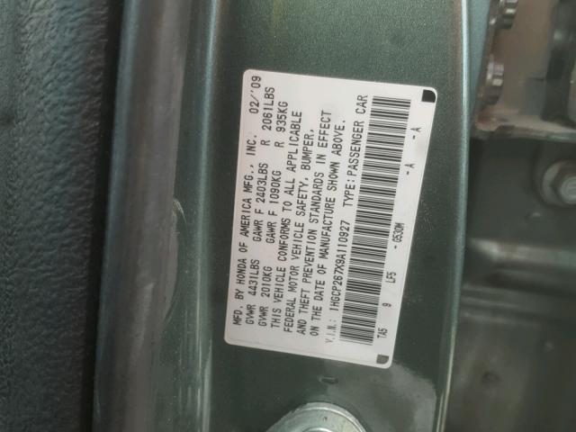 1HGCP267X9A110927 - 2009 HONDA ACCORD EX GREEN photo 10