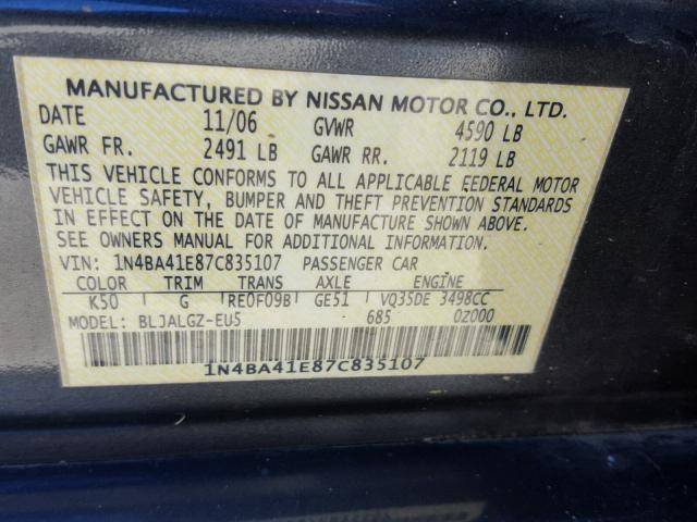 1N4BA41E87C835107 - 2007 NISSAN MAXIMA SE GRAY photo 10