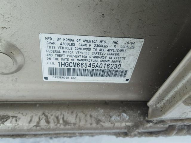 1HGCM66545A016230 - 2005 HONDA ACCORD EX GOLD photo 10