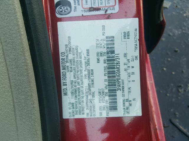 3FAHP0JG0AR287311 - 2010 FORD FUSION SEL RED photo 10