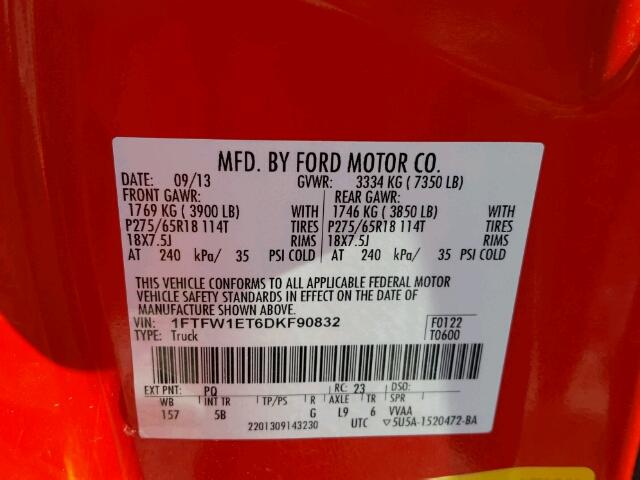 1FTFW1ET6DKF90832 - 2013 FORD F150 SUPER RED photo 10