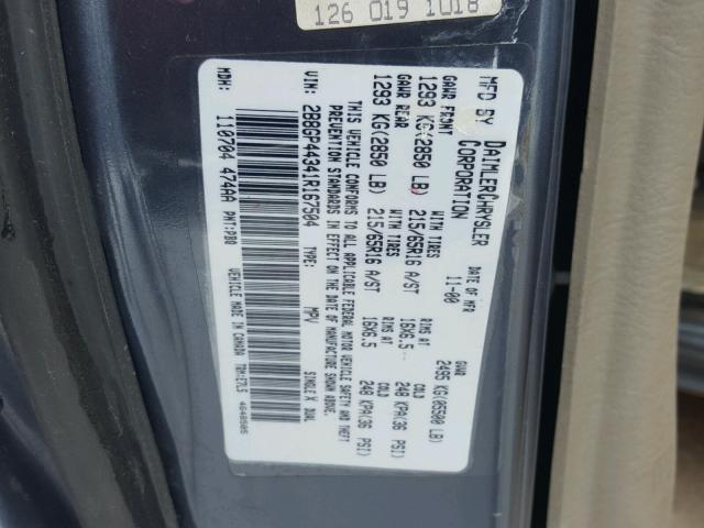 2B8GP44341R167504 - 2001 DODGE GRAND CARA BLUE photo 10