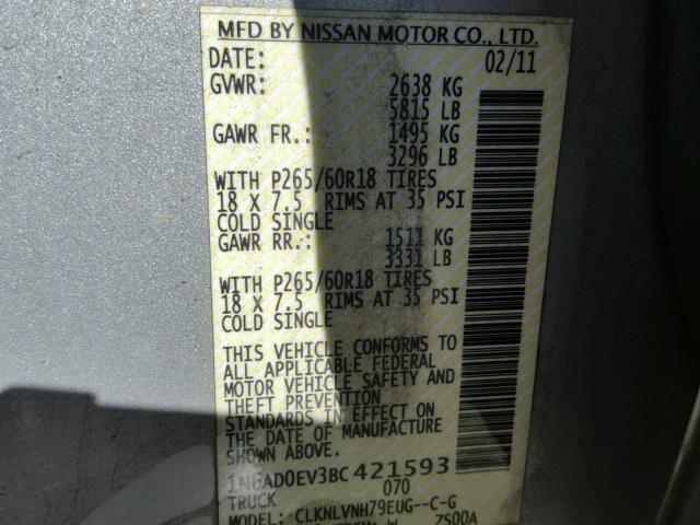 1N6AD0EV3BC421593 - 2011 NISSAN FRONTIER S SILVER photo 10