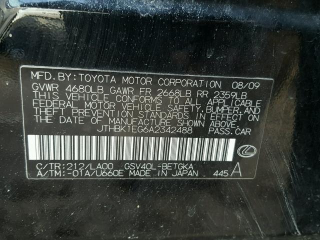 JTHBK1EG6A2342488 - 2010 LEXUS ES 350 BLACK photo 10