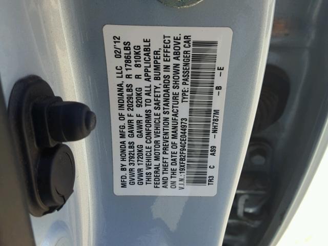 19XFB2F94CE044973 - 2012 HONDA CIVIC EXL GRAY photo 10