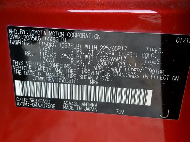 JTMWFREV1D5003161 - 2013 TOYOTA RAV4 XLE RED photo 10