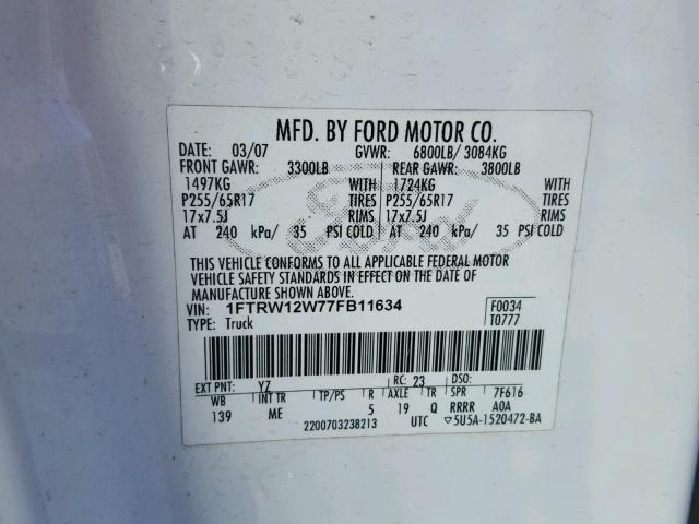 1FTRW12W77FB11634 - 2007 FORD F150 SUPER WHITE photo 10