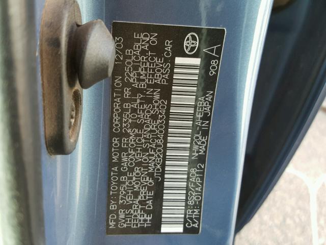 JTDKB20U840033402 - 2004 TOYOTA PRIUS BLUE photo 10