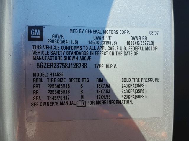 5GZER23758J128738 - 2008 SATURN OUTLOOK XR ნაცრისფერი ფოტო 10