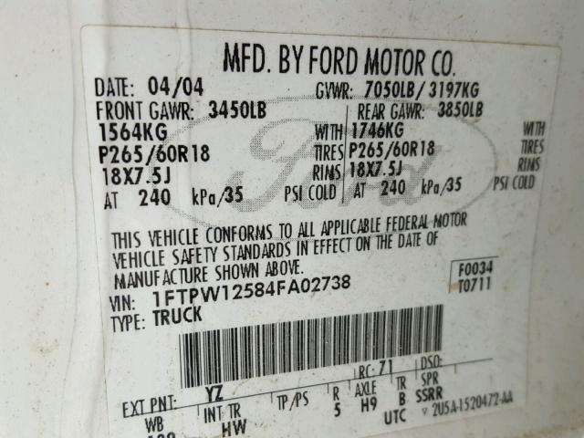 1FTPW12584FA02738 - 2004 FORD F150 SUPER WHITE photo 10