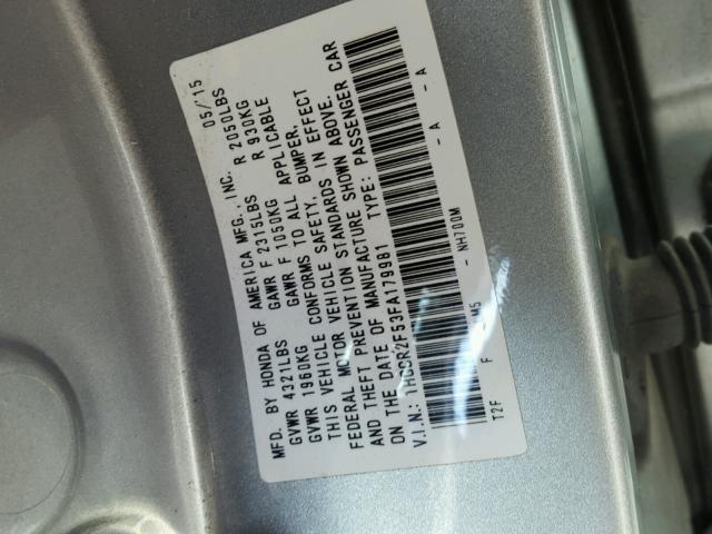 1HGCR2F53FA179981 - 2015 HONDA ACCORD SPO SILVER photo 10