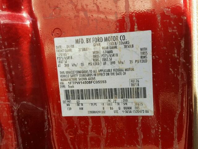 1FTPW14508FC05593 - 2008 FORD F150 SUPER RED photo 10