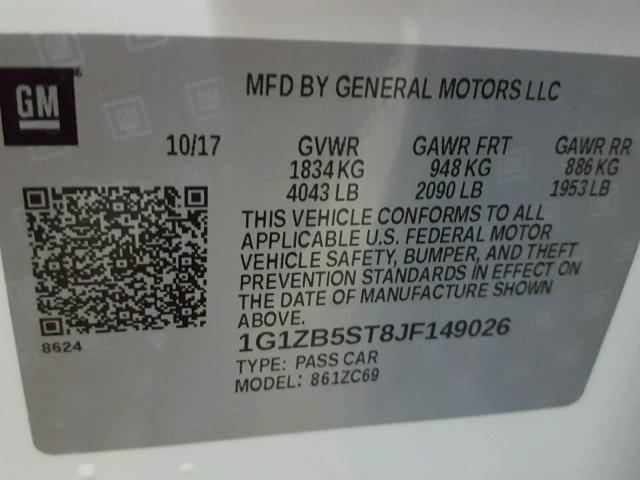 1G1ZB5ST8JF149026 - 2018 CHEVROLET MALIBU LS თეთრი ფოტო 10