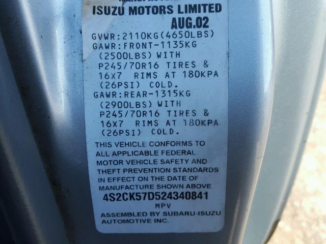 4S2CK57D524340841 - 2002 ISUZU RODEO SPOR SILVER photo 10