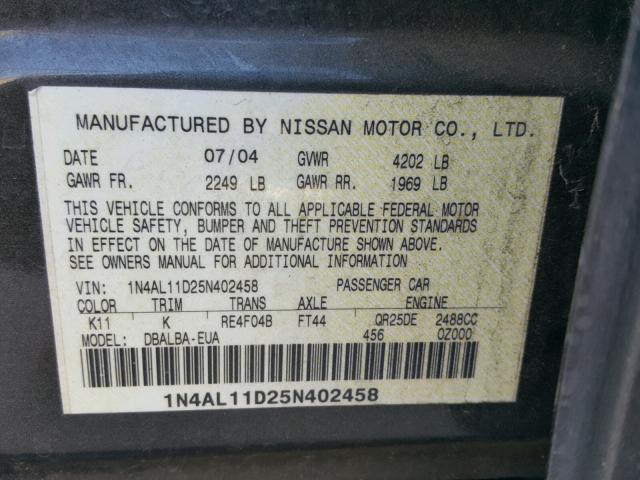 1N4AL11D25N402458 - 2005 NISSAN ALTIMA S GRAY photo 10