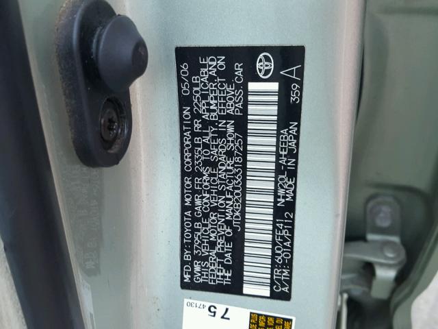 JTDKB20U363187257 - 2006 TOYOTA PRIUS GREEN photo 10