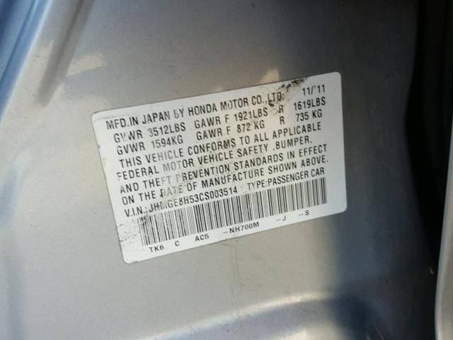 JHMGE8H53CS003514 - 2012 HONDA FIT SPORT SILVER photo 10