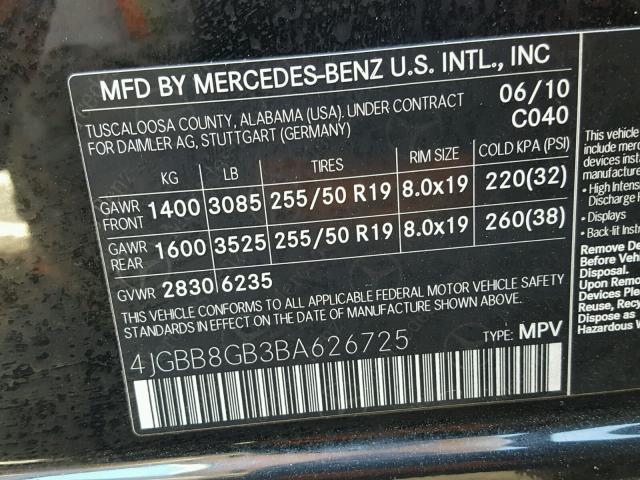 4JGBB8GB3BA626725 - 2011 MERCEDES-BENZ ML 350 4MA BLACK photo 10