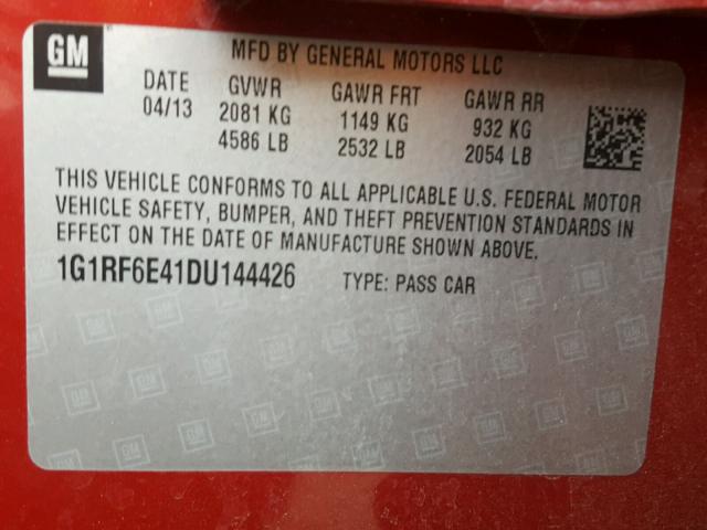 1G1RF6E41DU144426 - 2013 CHEVROLET VOLT RED photo 10